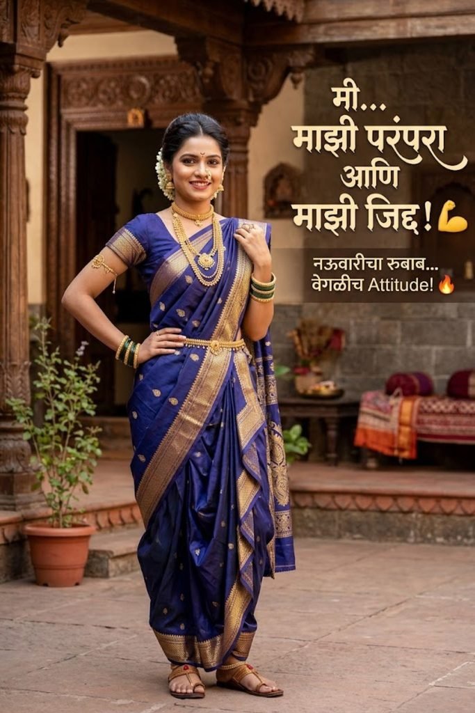 Attitude-Based Nauvari Saree Look Caption in Marathi